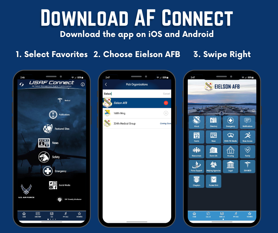 Guide to access the Eielson AFB portion of the AF Connect App by choosing it as a favorite.